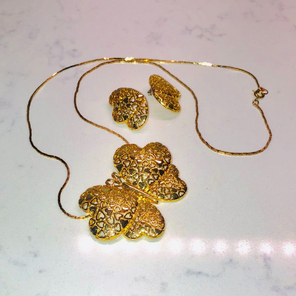 Vtg Runway GP Filigree Butterfly Necklace & Ears